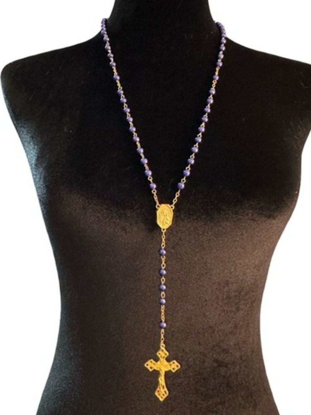 Devotional Catholic Rosary Deep Blue Beads Gold Tone Chain Ornate Crucifix Gift